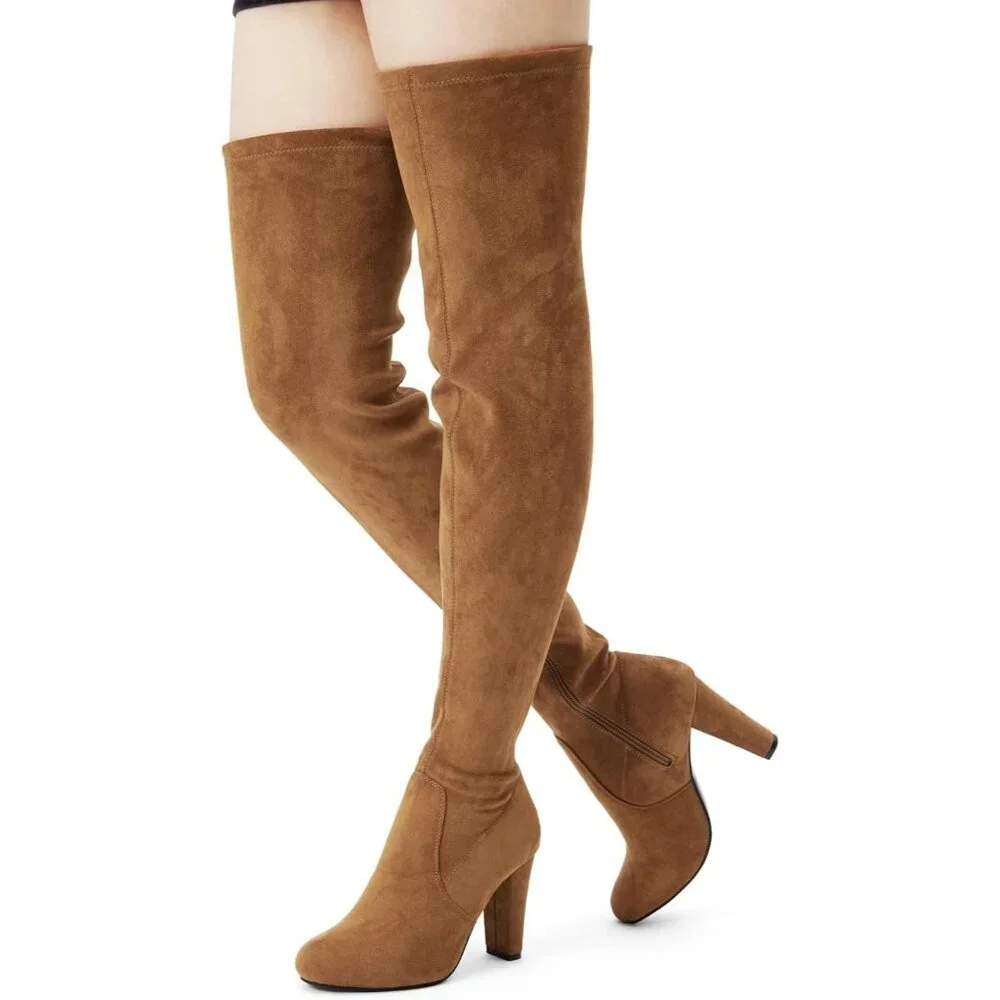Women's Camel Brown Suede Inner Zipper Thigh High Over The Knee High Heel Boots